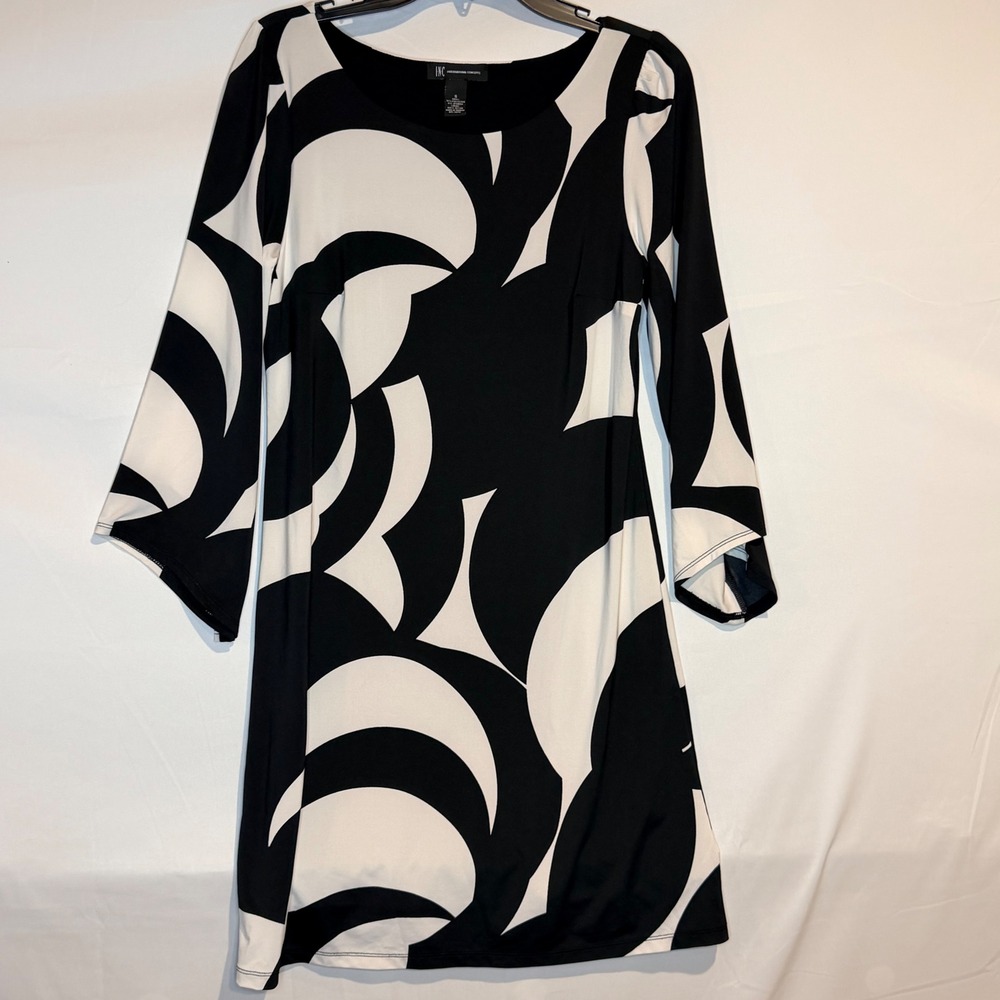 INC International Concepts Black White Abstract Swirl Bell Sleeve Shift Dress S